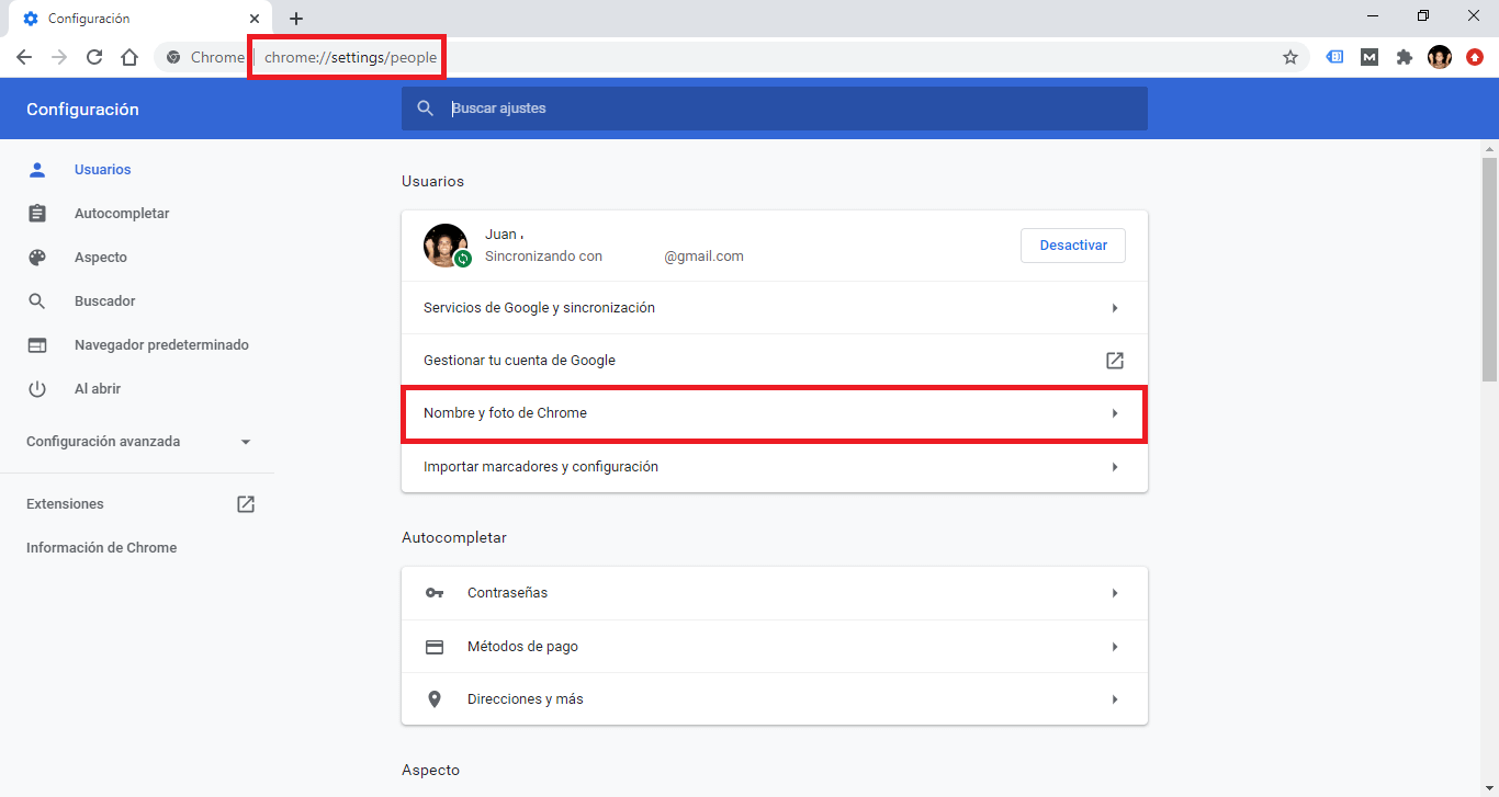 Cambiar el nombre y foto de perfil en Chrome, Edge o Firefox